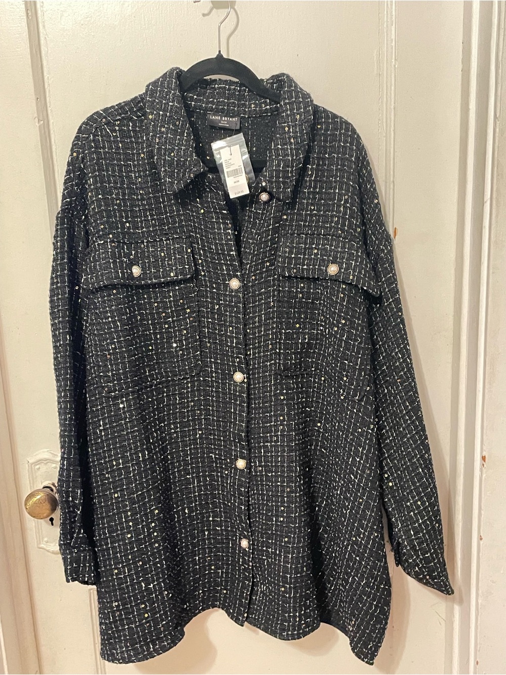 Lane Bryant Black Tweed Shacket with Pearl Buttons